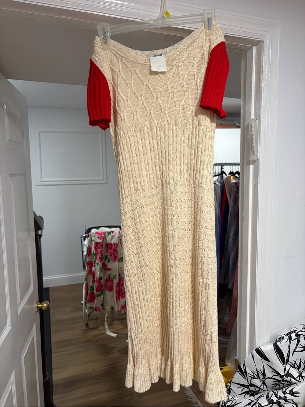 Moschino Cream Maxi Knit Dress with Red Sleeves